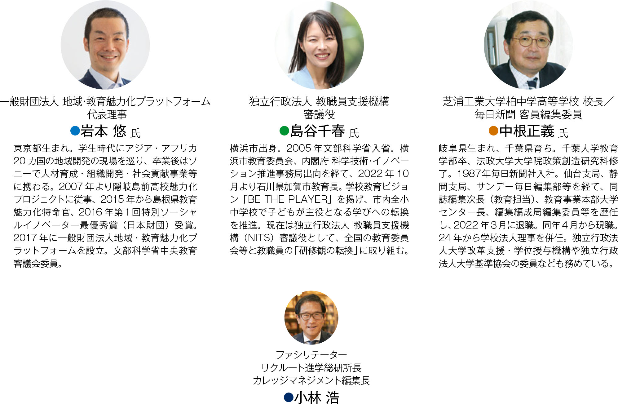 一般財団法人 地域・教育魅力化プラットフォーム 代表理事 岩本 悠 氏/独立行政法人 教職員支援機構 審議役 島谷 千春 氏/芝浦工業大学柏中学高等学校 校長/毎日新聞 客員編集委員 中根 正義 氏/ファシリテーター リクルート進学総研所長 カレッジマネジメント編集長 小林 浩
