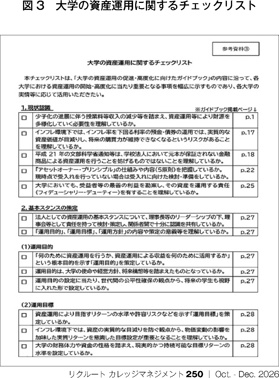 図3 大学の資産運用に関するチェックリスト